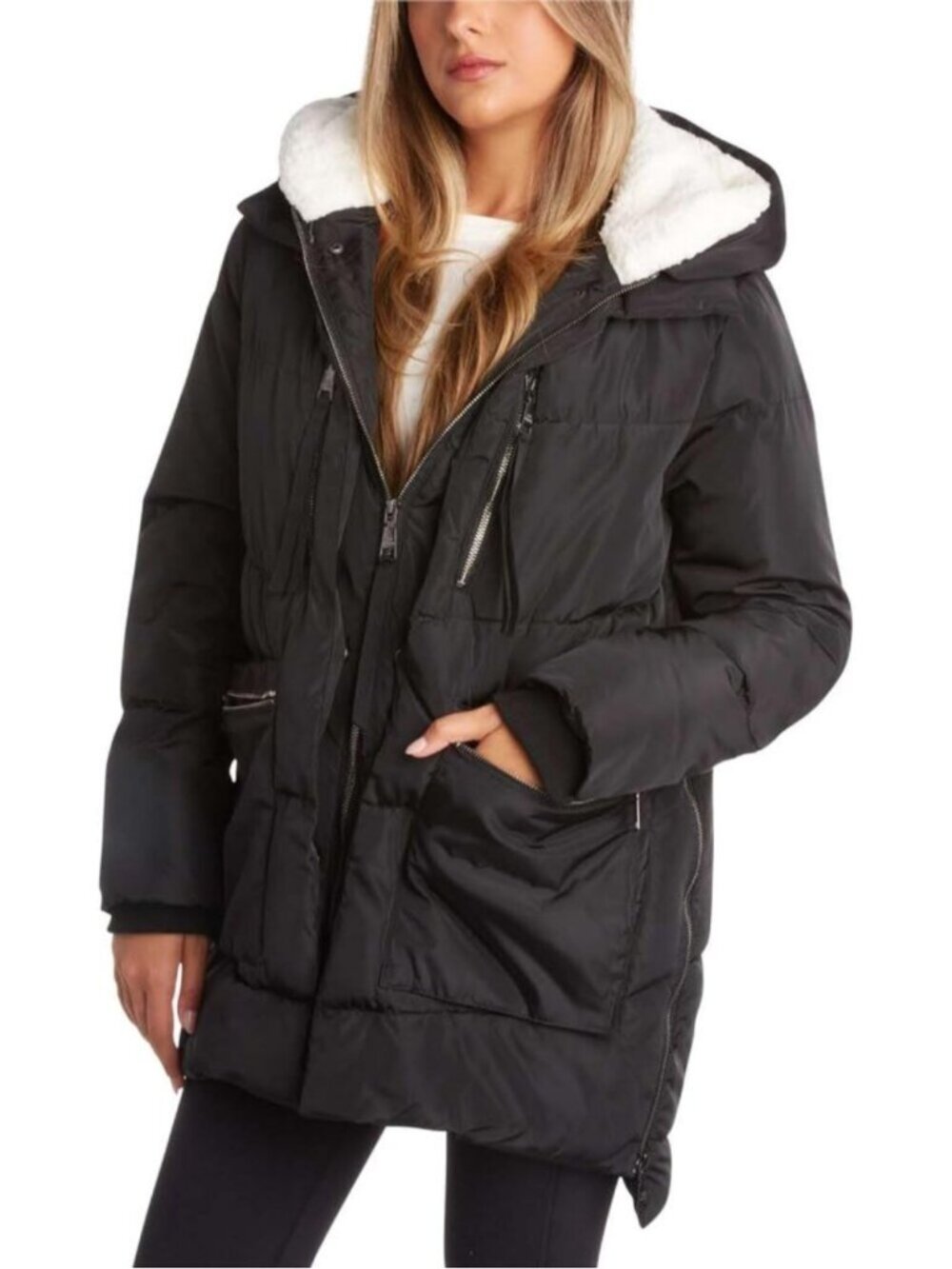 Women's Black Cozy Faux Sherpa Hood Adjustable Side Zip Mid Length Puffer Jacket